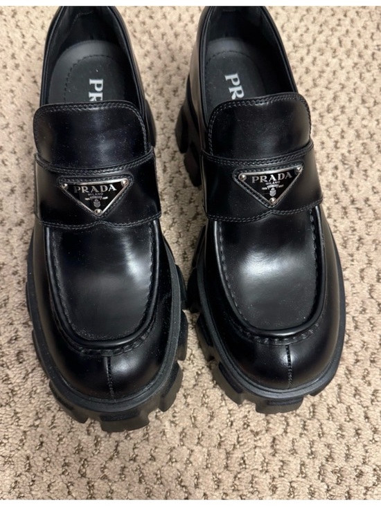 Prada Shoes - Prada Black Leather Lug-Sole Penny Loafers with Triangular Logo